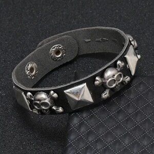 Skull Leather Bracelet Wrist Cuff Rock Edgy Goth Grunge Punk Rivet CrossBones